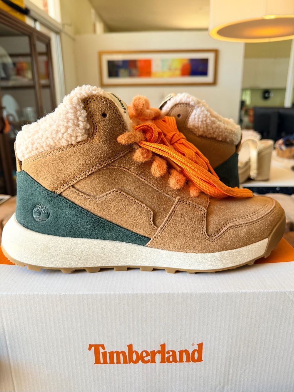 Timberland Tan Suede & Green Accent Ankle Boots with Orange Laces